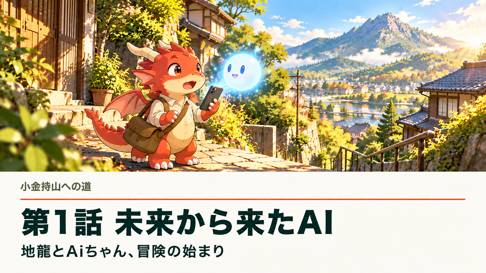 朝の街で地龍がスマホから現れたAiちゃんと出会う。第1話「未来から来たAI」