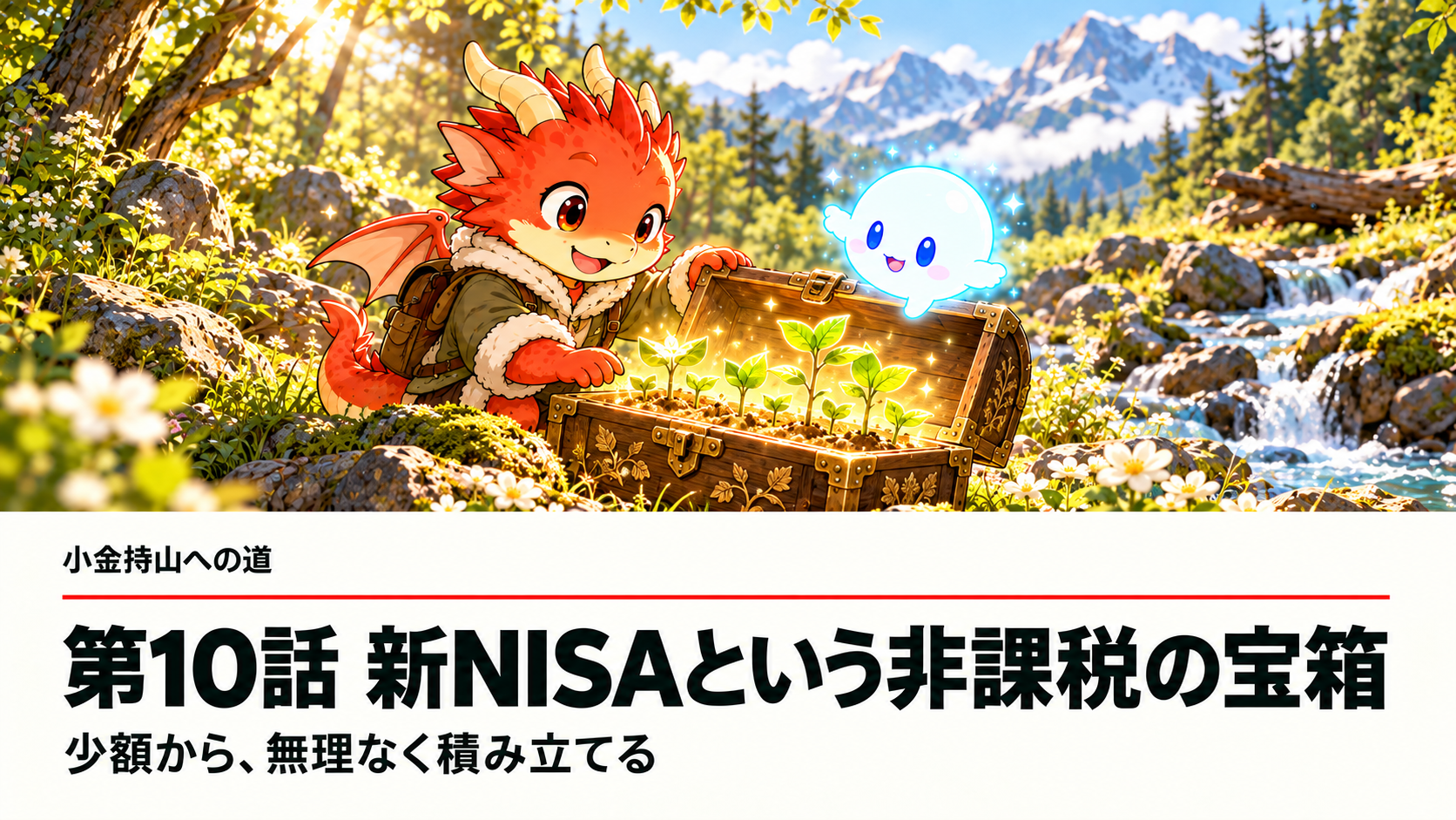 小金持山への道 第10話。山の小川で地龍とAiちゃんが新NISAの宝箱に育つ苗を見つめる。