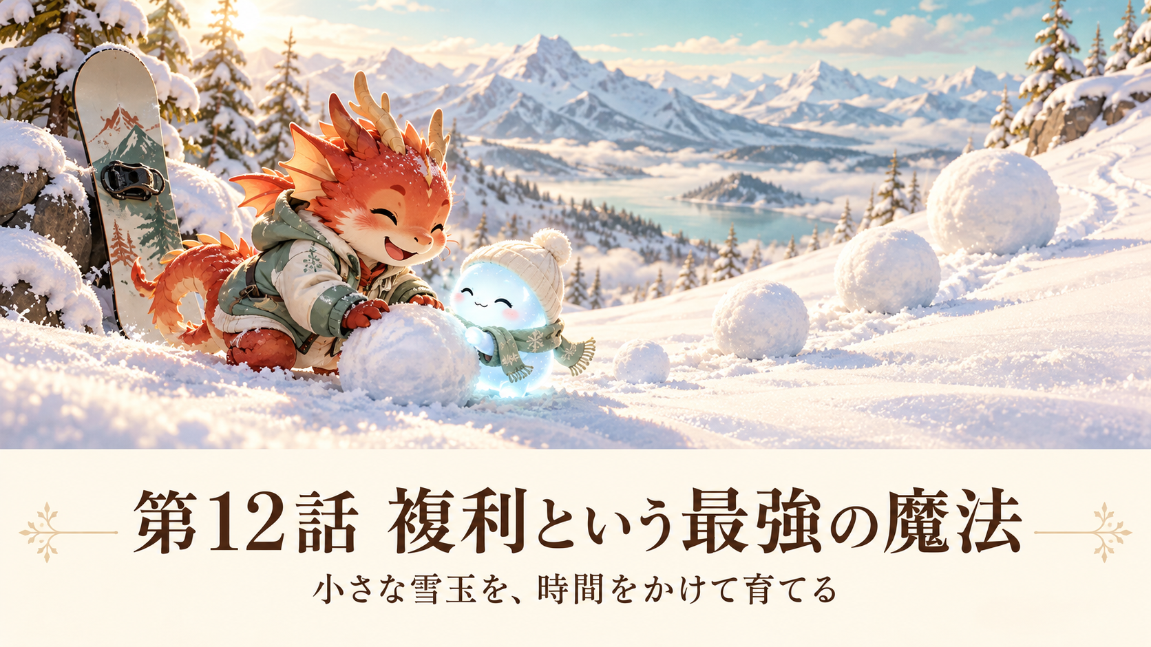 小金持山への道 第12話。冬山で地龍とAiちゃんが雪玉を転がし、複利と時間の関係を考える。