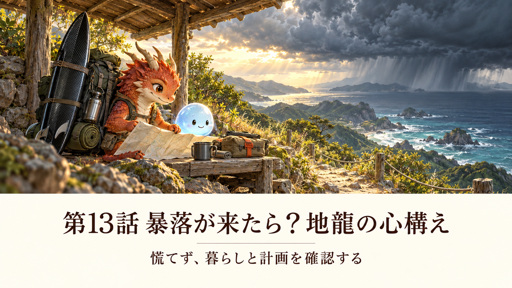 小金持山への道 第13話。嵐を避け、地龍とAiちゃんが暮らしと投資計画を落ち着いて確認する。
