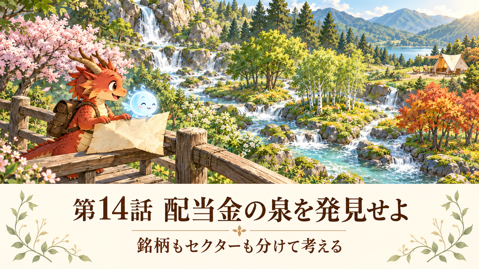 小金持山への道 第14話。山の泉から分かれる小川を地龍とAiちゃんが見つめ、配当と分散について考える。