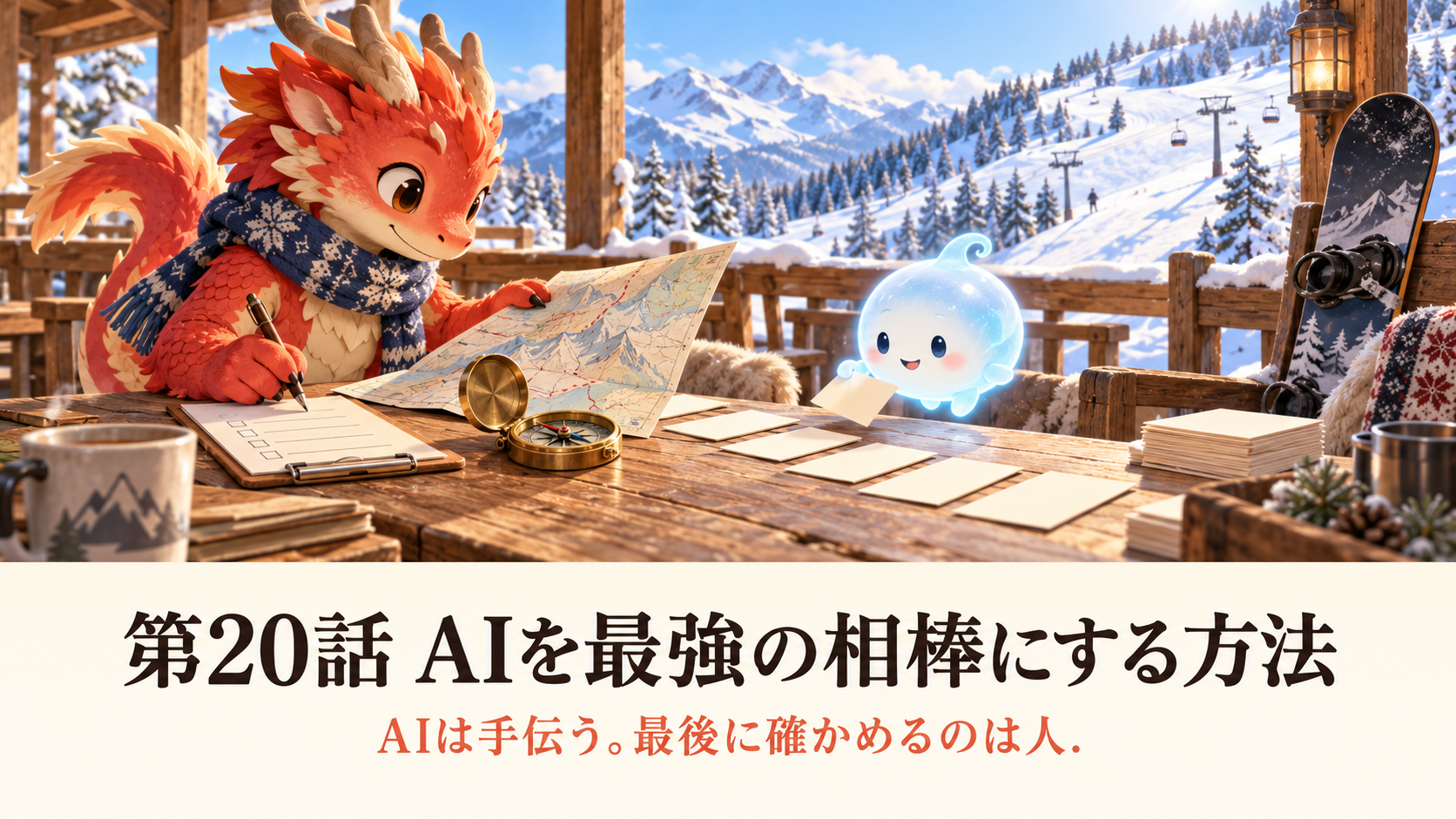 小金持山への道 第20話。雪山のテラスで地龍とAiちゃんが下書きと確認作業を分けて進める。