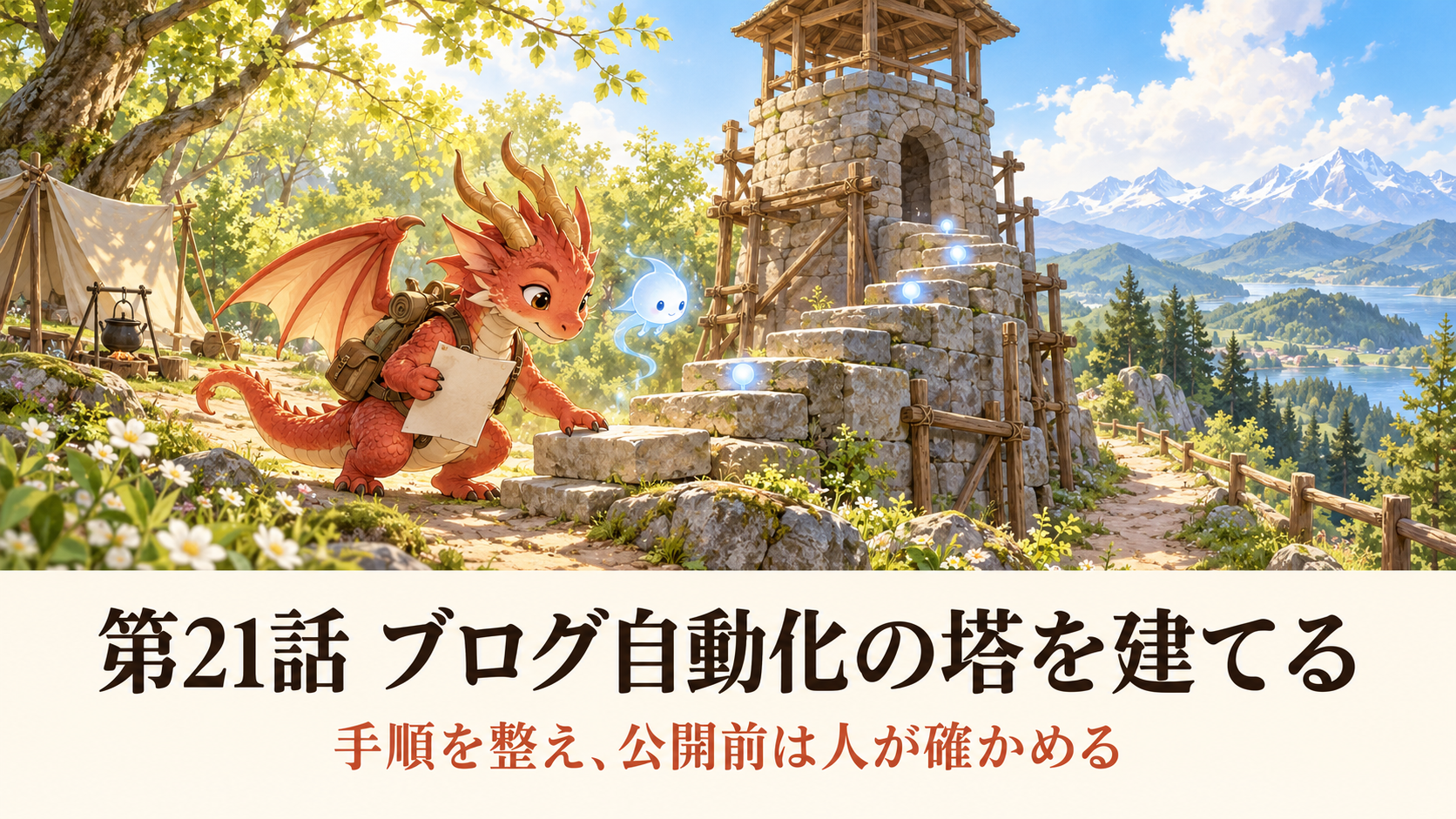 小金持山への道 第21話。春の森で地龍とAiちゃんがブログ作業の手順を確かめながら石の塔を組み立てる。
