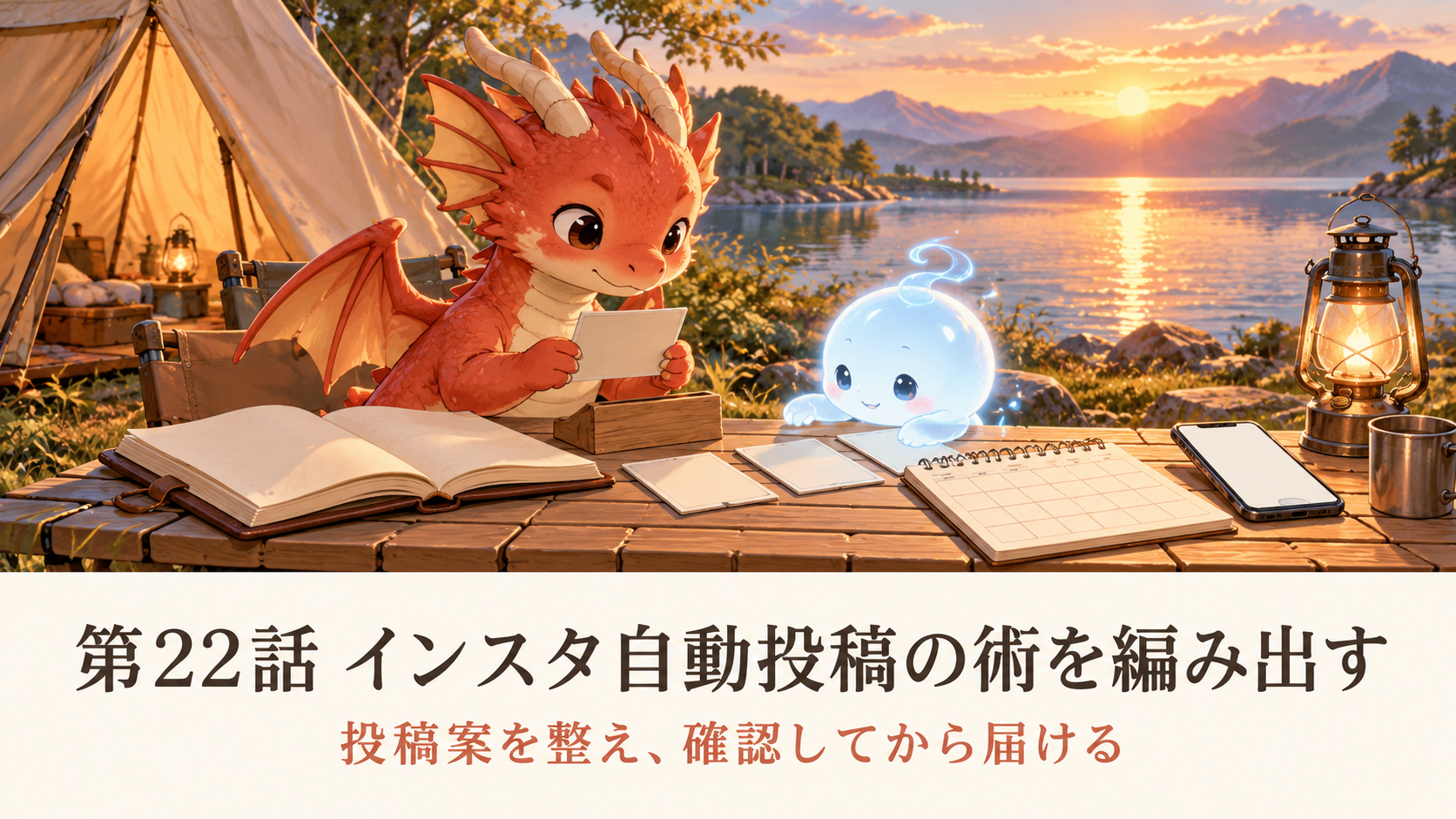 小金持山への道 第22話。湖畔のキャンプで地龍とAiちゃんが投稿案を確認し、届ける順番を整える。