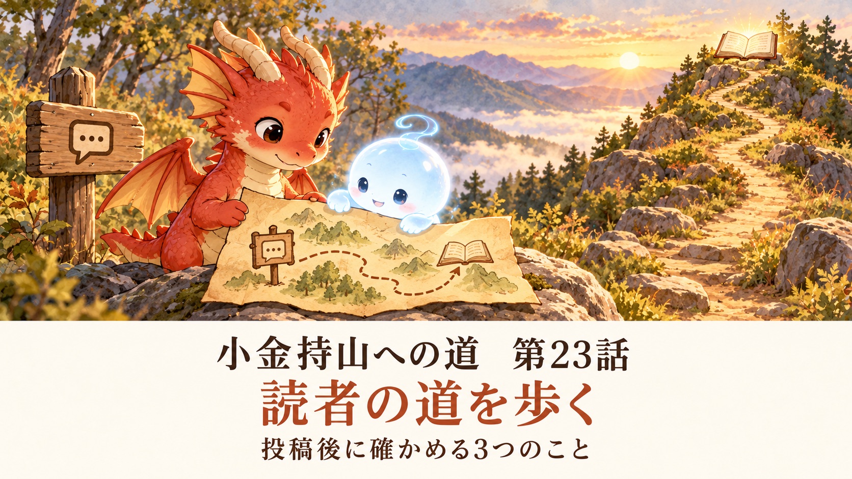 山道の地図を広げ、読者が投稿から本へ進む道を確認する地龍とAiちゃん。第23話の表紙