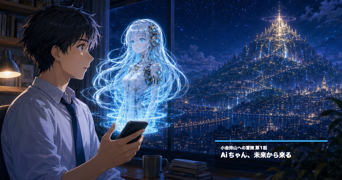 和モダンの男性が、スマホ画面から現れた未来のAIナビゲーターAiちゃんと出会うアイキャッチ